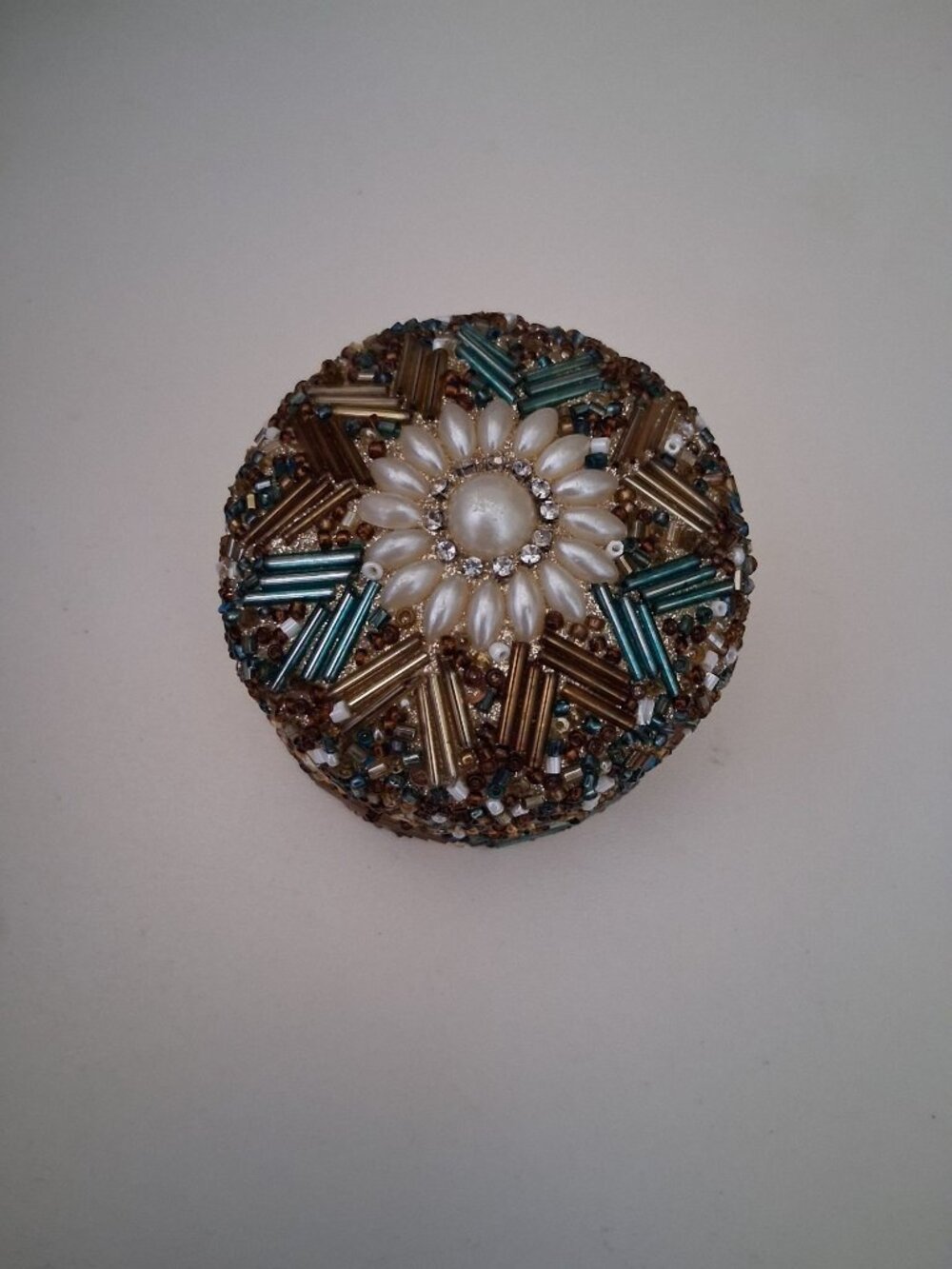 Vintage Small Trinket Box Gorgeous Beaded Design Velvet Lined